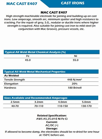 Cast Iron Electrodes NIFe x 1 Kilo